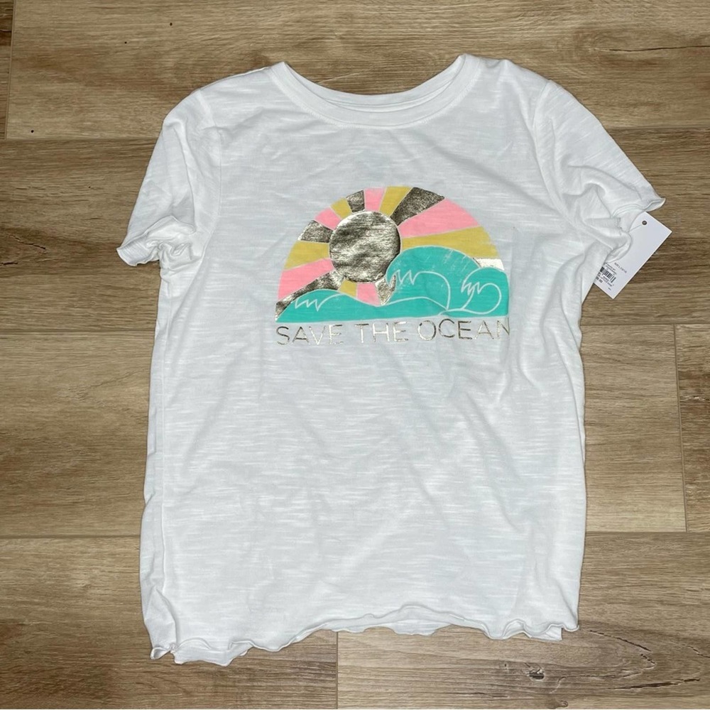 SO Girl's White Multi “Save the Ocean” Graphic Sunshine Waves Print Tee sz L